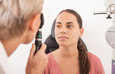 Buy stock photo Vision eye exam, patient or woman with optometrist for glaucoma test, ocular healthcare support or medical consultation. Eye care, eyesight or ophthalmology expert with ophthalmoscope to check retina