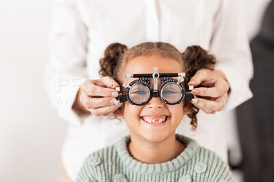 Buy stock photo Vision, optometrist and portrait of child with glasses to test, check and examine eyesight. Healthcare, medical and young girl in doctor office for eye examination, optical diagnostic and examination
