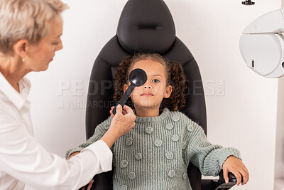 Buy stock photo Eye exam, child and optometrist testing eye sight for glasses, blindness and new lense. Vision test, blind girl and kid in chair of professional ophthalmologist, corrective lenses and optician office