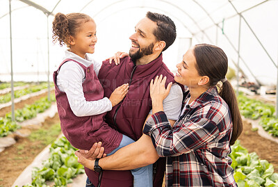 Buy stock photo Happy, farm and agriculture with family together with vegetable, sustainability garden and love. Nature, parents and happiness with child, mother and father in a farming greenhouse or countryside