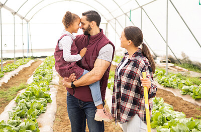 Buy stock photo Farming, family and garden harvest for bonding, love and affection for summer produce. Gardening, parents and daughter on a farm for sustainability and ecology for plants with mother, father and girl