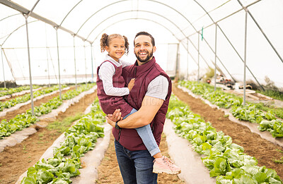 Buy stock photo Agriculture, greenhouse farming and man with child at sustainable startup farm. Sustainability, growth and small business, dad agro farmer with happy girl in nursery with lettuce for community food.
