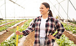 Happy woman, sustainability and farmer working on garden for sustainable healthy food growth in a greenhouse. Agriculture, gardening and female worker farming organic vegetable plants on outdoor land