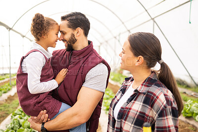 Buy stock photo Farm, family and children with a girl, man and woman working in a greenhouse together for the growth of fresh produce. Agriculture, love and kids with a mother, father and child farming for harvest