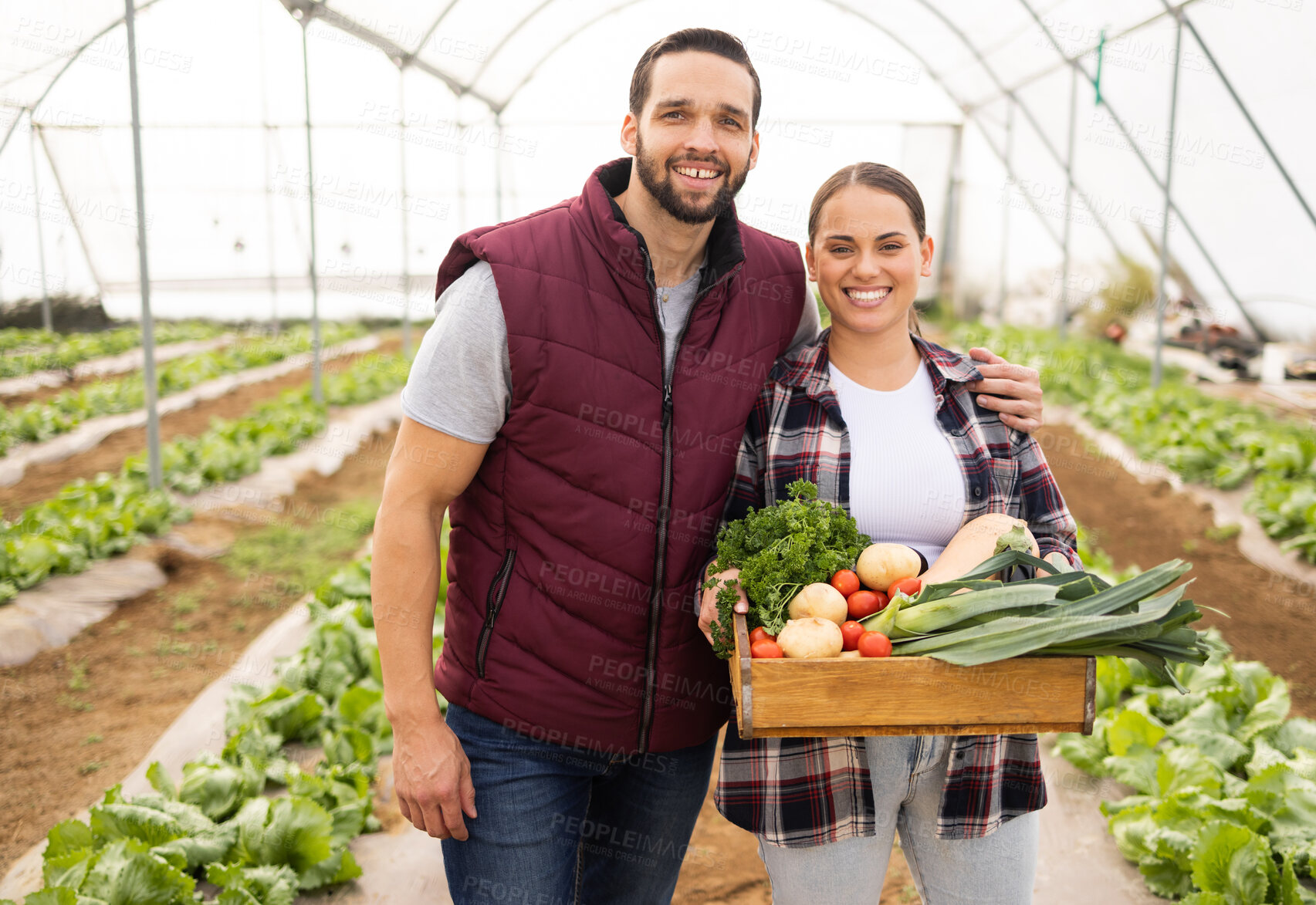 Buy stock photo Agriculture, food and health with couple on farm for teamwork, sustainability and environment. Happy, garden and agro with farmer man and woman and vegetables box for small business, plant or growth 