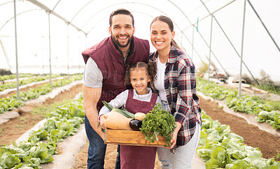 Buy stock photo Family, vegetables and greenhouse for eco friendly farming, smile or organic produce for fresh items and happy. Agriculture, farmer and parents with kid, garden for healthy food, nutrition or harvest