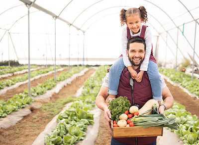 Buy stock photo Greenhouse, father and girl with vegetables, happy or fresh produce from garden. Portrait, agriculture and parent with kid for organic food, harvest or sustainability farming for health and nutrition