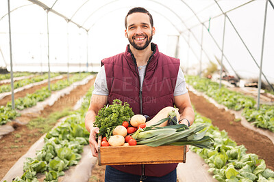 Buy stock photo Greenhouse, harvest and man farmer with vegetables in a sustainable, agriculture and agro environment. Sustainability, farming and eco friendly guy with box of organic produce on farm in countryside.