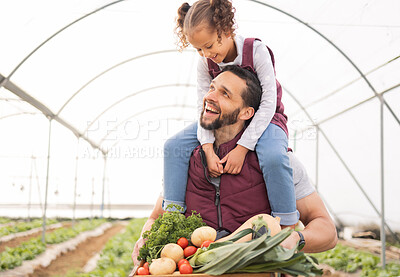 Buy stock photo Family, agriculture and farming with father and child together in a greenhouse for sustainability, growth and harvesting vegetables. Man and girl farmer together for bonding and learning on agro farm