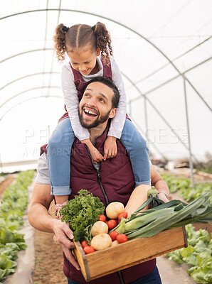 Buy stock photo Greenhouse, father and piggy back of girl while holding farm basket or fresh plant product after harvest. Family, care and dad carrying kid, bonding or farming in nursery, agro garden or conservatory