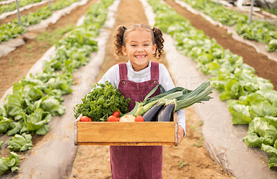 Buy stock photo Child, girl or vegetables container on farm in agriculture export, sustainability harvest or nature environment success. Smile portrait, happy kid and farming crops, leaf green plants or health food