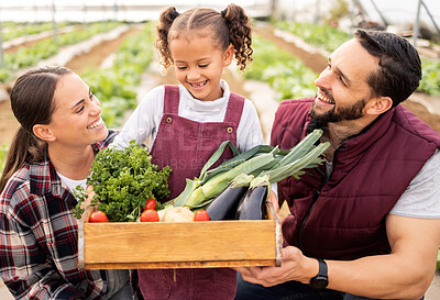 Buy stock photo Farmer, family and box with vegetables from agriculture, happy with harvest, fresh and organic food at farm. Man, woman and child smile, growth and green healthy vegetable and sustainable farming.