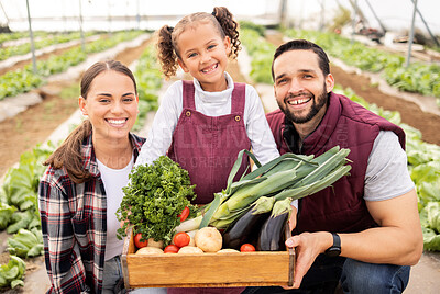 Buy stock photo Family, farming and greenhouse portrait with vegetable container for carbon capture business together. Agriculture, mother and father with happy child in eco, sustainability and food garden.

