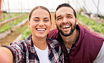 Farming, agriculture and selfie of couple on farm, smiling and happy from success. Nature, sustainability and portrait of man and woman in greenhouse after checking vegetables, crops and harvest