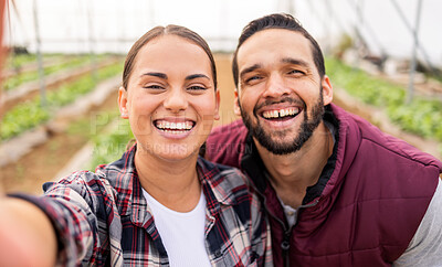 Buy stock photo Farming, agriculture and selfie of couple on farm, smiling and happy from success. Nature, sustainability and portrait of man and woman in greenhouse after checking vegetables, crops and harvest