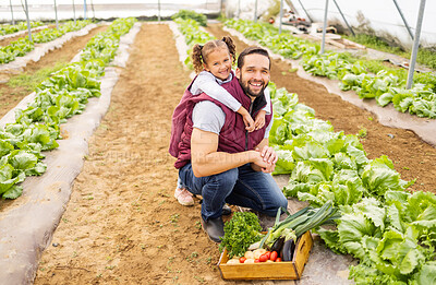 Buy stock photo Child, father or farmer farming vegetables in a natural garden or agriculture environment for a healthy diet. Smile, dad and happy girl love gardening and planting organic food for sustainability 