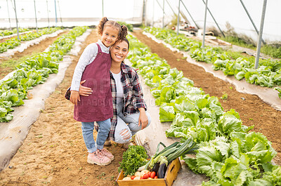 Buy stock photo Greenhouse, portrait and mother farming with her child on a sustainable, agriculture and eco friendly farm. Sustainability, agro and happy mom picking vegetables with girl kid on field in countryside