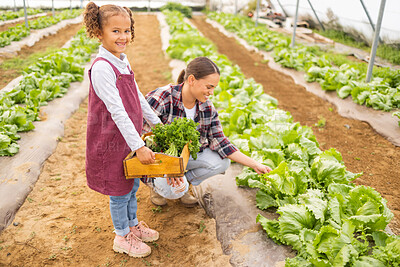 Buy stock photo Farm, family and children with a girl and mother working together in a greenhouse for vegetable growth. Food, health and sustainability with a woman and daughter at work in organic agriculture