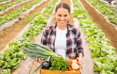Buy stock photo Woman with box of vegetables and agriculture, farmer smile in portrait, fresh harvest on sustainable farm. Farming, organic vegetable and raw nutrition food, nature and sustainability outdoor.