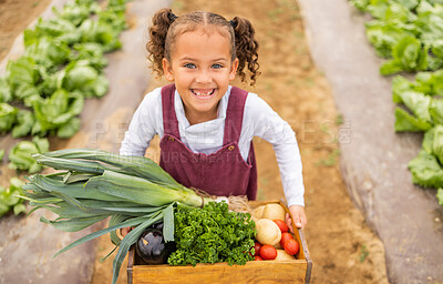 Buy stock photo Child, portrait and box of farm vegetables excited for harvest, farming and help with gardening. Youth, young and little girl with happy smile helping in nutrition, health and food garden.