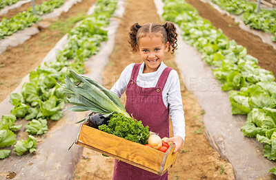 Buy stock photo Agriculture, farm and box with vegetables, child and smile in portrait for farming and fresh, organic product. Sustainability, green and environment, girl with harvest and soil, food and healthy.