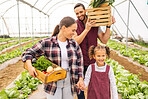 Food, health and agriculture with family on farm for spring, sustainability and growth. Agro, help and plant with mother and father farmer and girl bonding with vegetables box for garden lifestyle
