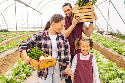 Buy stock photo Food, health and agriculture with family on farm for spring, sustainability and growth. Agro, help and plant with mother and father farmer and girl bonding with vegetables box for garden lifestyle