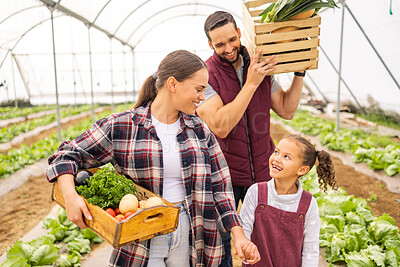 Buy stock photo Food, agriculture and sustainability with family on farm for learning, environment and help. Health, nature and garden with parents and girl farmer with vegetables box in field for plant and growth