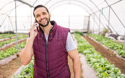 Buy stock photo Greenhouse, phone call and man on agriculture farm talking, discussion or harvest conversation. Agro, small business and male farmer from Canada on 5g mobile speaking about crops or growth of plants.