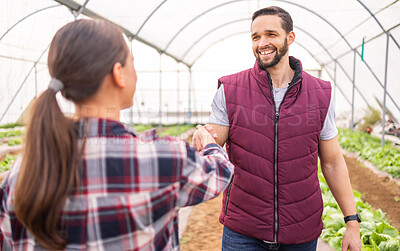 Buy stock photo Agriculture greenhouse field, handshake and farmer agreement on agribusiness deal, partnership or teamwork. Farming industry collaboration, sustainability and cooperation of man and woman on eco farm