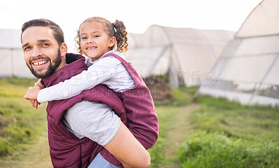 Buy stock photo Agriculture, farming and family for piggy back with child and father at sustainable farm. Sustainability, growth and eco friendly lifestyle with farmer man and girl learning about plants and ecology