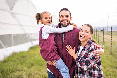 Buy stock photo Happy family, farming and agriculture, greenhouse and field for sustainability, growth and environment in Spain countryside. Portrait of farmer parents, kid and sustainable gardening in agro industry