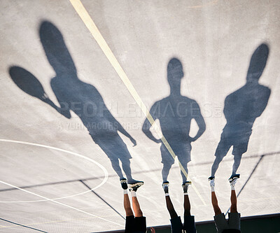 Buy stock photo Basketball, shoes and silhouette of team upside down on basketball court training for game or competition. Fitness, sports and shadow of basketball players ready for exercise, workout or practice.