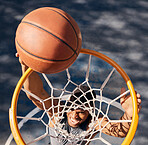 Basketball sports, black man and top view of dunk at basketball court, training game or match. Fitness, energy jump and basketball player scoring point or practice goal, exercise or workout outdoors.