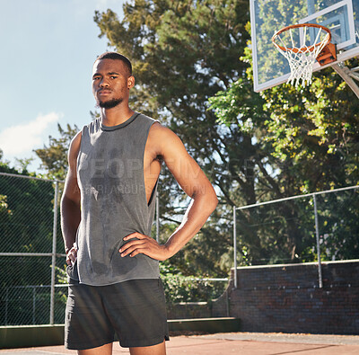 Buy stock photo Basketball, black man and fitness on basketball court in the park, break after game with sports and serious in portrait. Strong, cardio and endurance and rest with sweat after sport training outdoor.