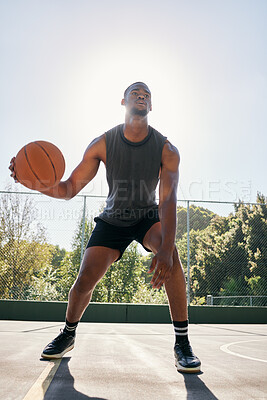 Buy stock photo Basketball player, dribble basketball court at training and workout ready for contest, sport or game with ball. Sports, basketball or black man preparation, outdoor or exercise for summer competition
