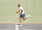 Fitness, sports and black man running on basketball court in training workout or cardio exercise with speed, Blurry, athlete and fast African basketball player playing a game with energy and agility