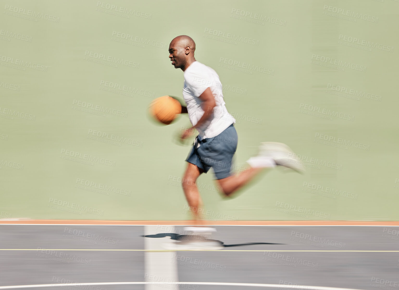Buy stock photo Fitness, sports and black man running on basketball court in training workout or cardio exercise with speed, Blurry, athlete and fast African basketball player playing a game with energy and agility
