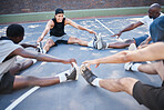 Fitness, men stretching on outdoor sport court with exercise and team for active lifestyle and training. Sports, warm up and athlete getting ready for workout, diversity and strong with cardio.