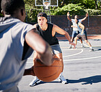 Basketball, team and men playing sport in a competition, training or exercise players with talent, skill and fitness. Sports people in a competitive practice match on an outdoor court using teamwork