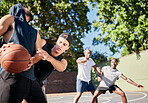 Basketball, friends and teammates on basketball court training for team game together for health fitness, group exercise and competition workout. Outdoor sports, teamwork and motivation to win match 