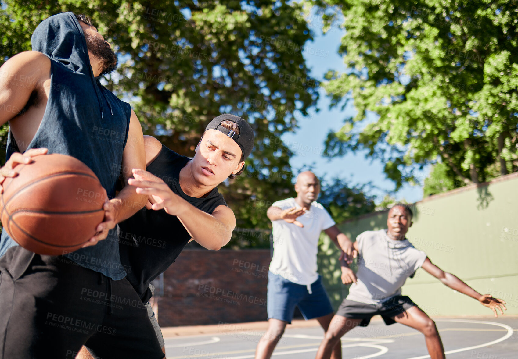 Buy stock photo Basketball, friends and teammates on basketball court training for team game together for health fitness, group exercise and competition workout. Outdoor sports, teamwork and motivation to win match 