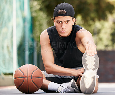 Buy stock photo Portrait, basketball and man stretching legs for flexibility, wellness or mobility. Sports, fitness and basketball player on basketball court ready for training, exercise or workout, match or game.