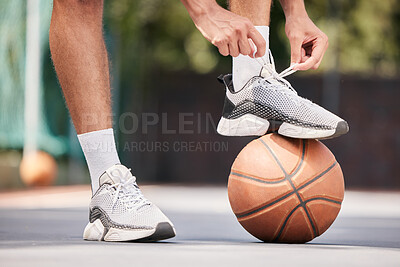 Buy stock photo Tie shoes, sports and hands on a basketball court getting ready for training, cardio workout and fitness exercise. Footwear, sneakers and healthy athlete in preparation for a practice game or match