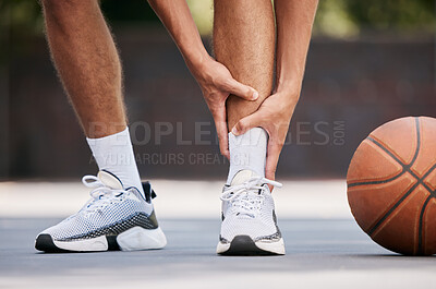 Buy stock photo Legs, pain and sport injury with basketball and athlete on basketball court outdoor with emergency and fitness. Basketball player hurt, shoes and exercise with accident during match and workout.