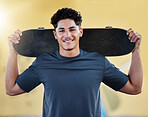 Portrait, skater and skateboard happy man, smile and confident to practice, for health and fun. Athletic, young male and ready to skate with wood for outdoor training, happiness and relax in street.