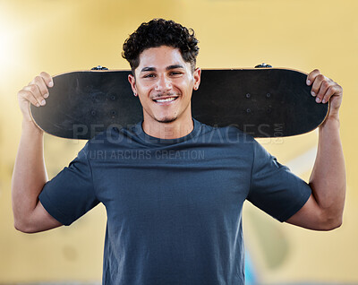 Buy stock photo Portrait, skater and skateboard happy man, smile and confident to practice, for health and fun. Athletic, young male, being casual ready to skate outdoor training, happiness and relax in street.
