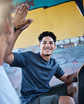 Men, people or friends in high five at skate park for fun, excited or motivation in Brazilian skating challenge. Smile, happy skaters or bonding skateboarders in success, winning or cheering gesture