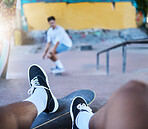 Fitness, skateboard and shoes of person at a skatepark for exercise, training and summer, fun and health outdoor. Sports, skateboarding and people with energy, passion and man doing a trick and jump