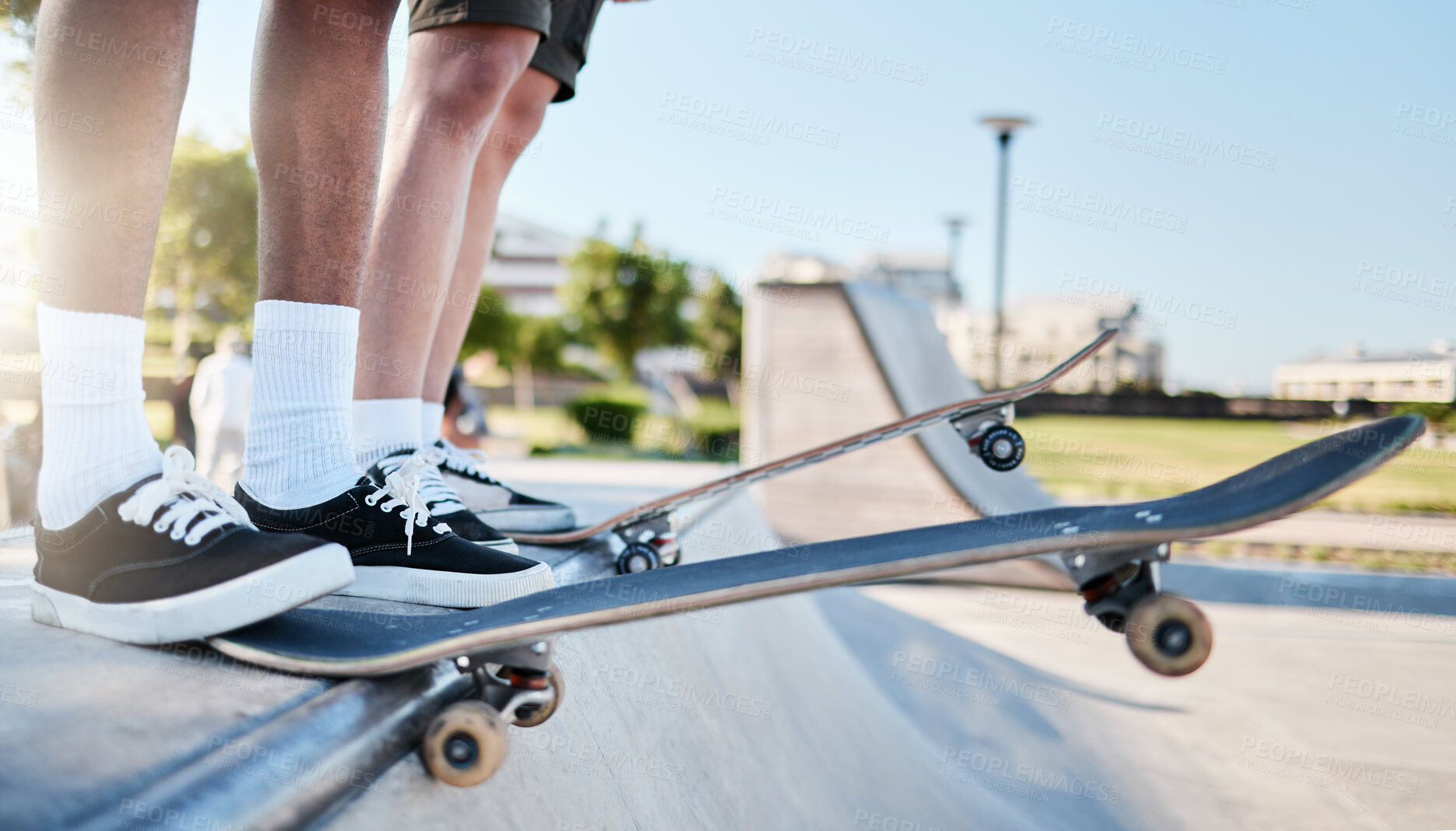 Buy stock photo Skateboarding, skateboards and skatepark drop in for extreme sports exercise friend for dangerous fun, adrenaline rush and learning trick. Modern outdoor activity, healthy athlete and fitness workout